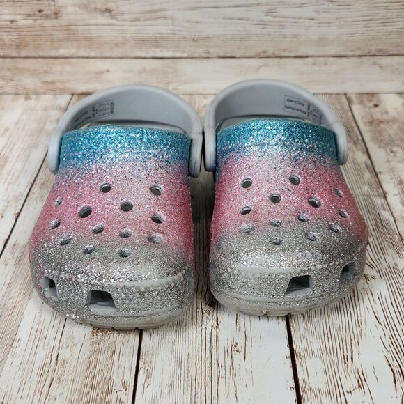 CROCS Toddler Baby 6C 6 Ombre Blue Pink Silver Glitter Slip On Clog Sandal Shoes - Picture 5 of 9